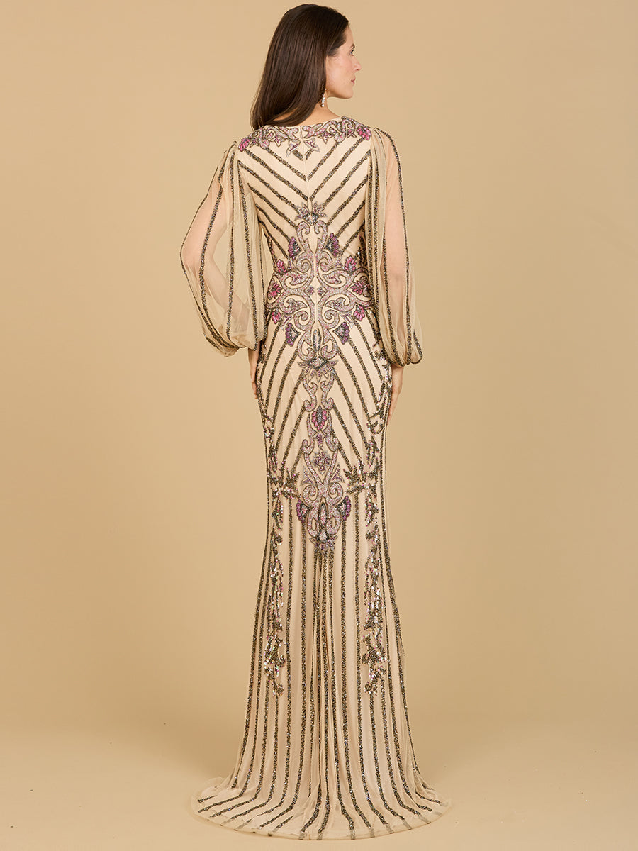 Long Flutter Sleeves Beaded Dress