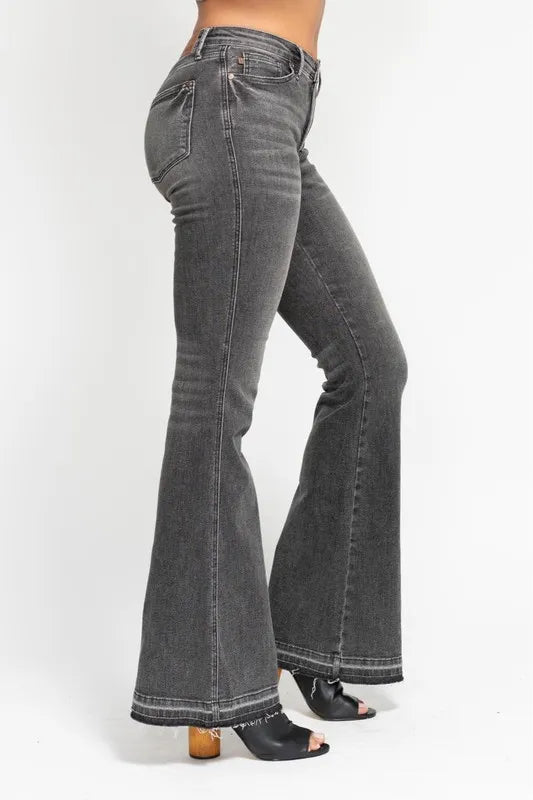Full Size Mid Rise Tummy Control Washed Gray Release Hem Flare Jeans Plus Size