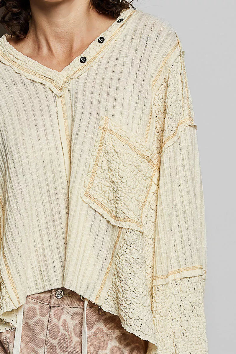 V-Neck Long Sleeve Top with Stitch Detail