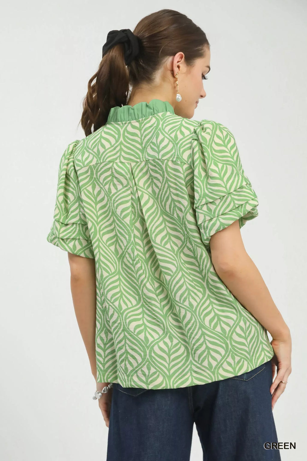 Printed Puff Sleeve Ruffle Neck Top