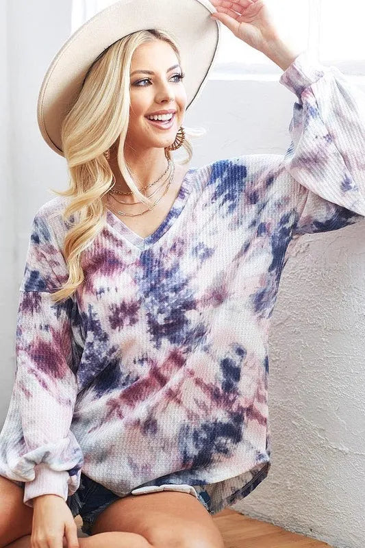 Tie-Dye V-Neck Long Sleeve Waffle Top