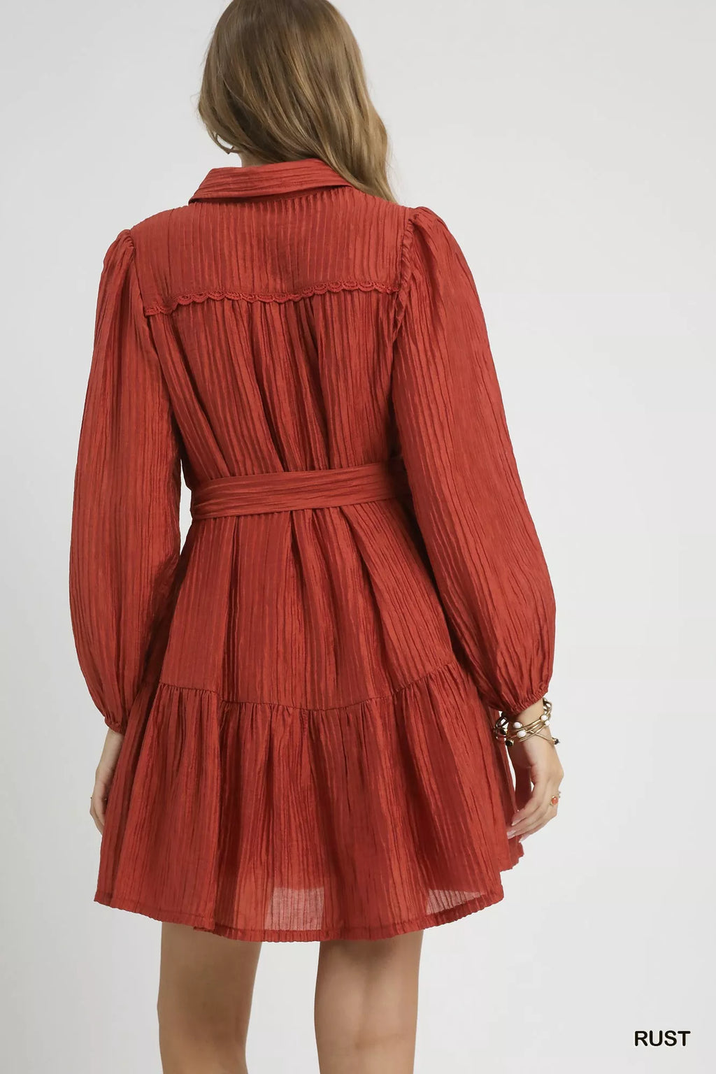 Crinkle Button-Front Tiered Mini Dress with Waist Tie