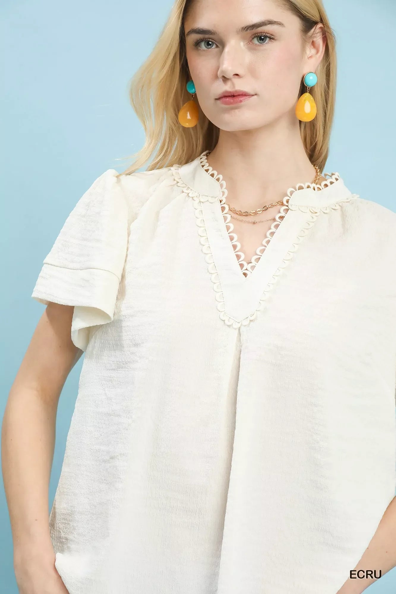 Seersucker Short Sleeve Top with Lace Trim