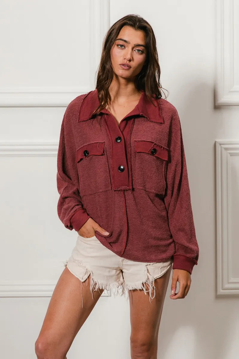Cp French Terry Cut Edge Detail Collared Top