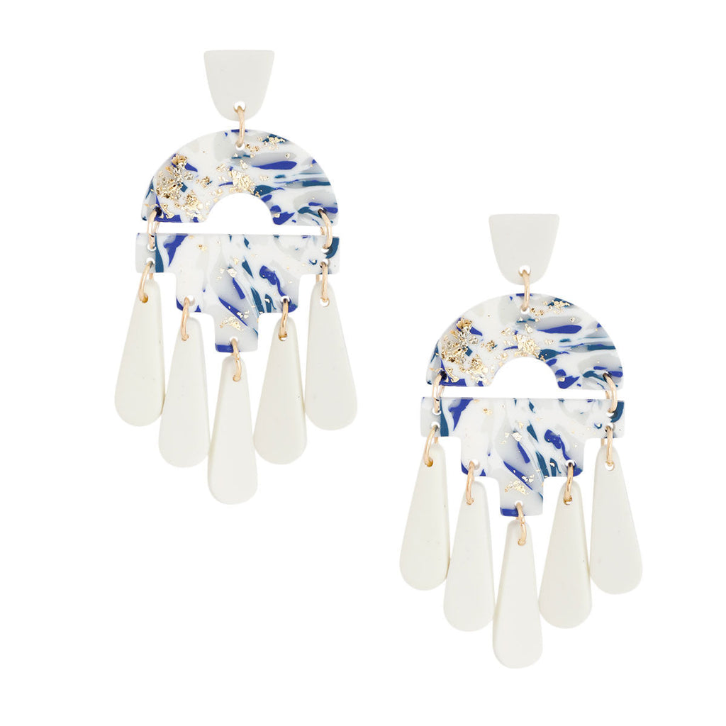 Teardrop Earrings Blue Marbled Clay Stylish Statement Jewelry
