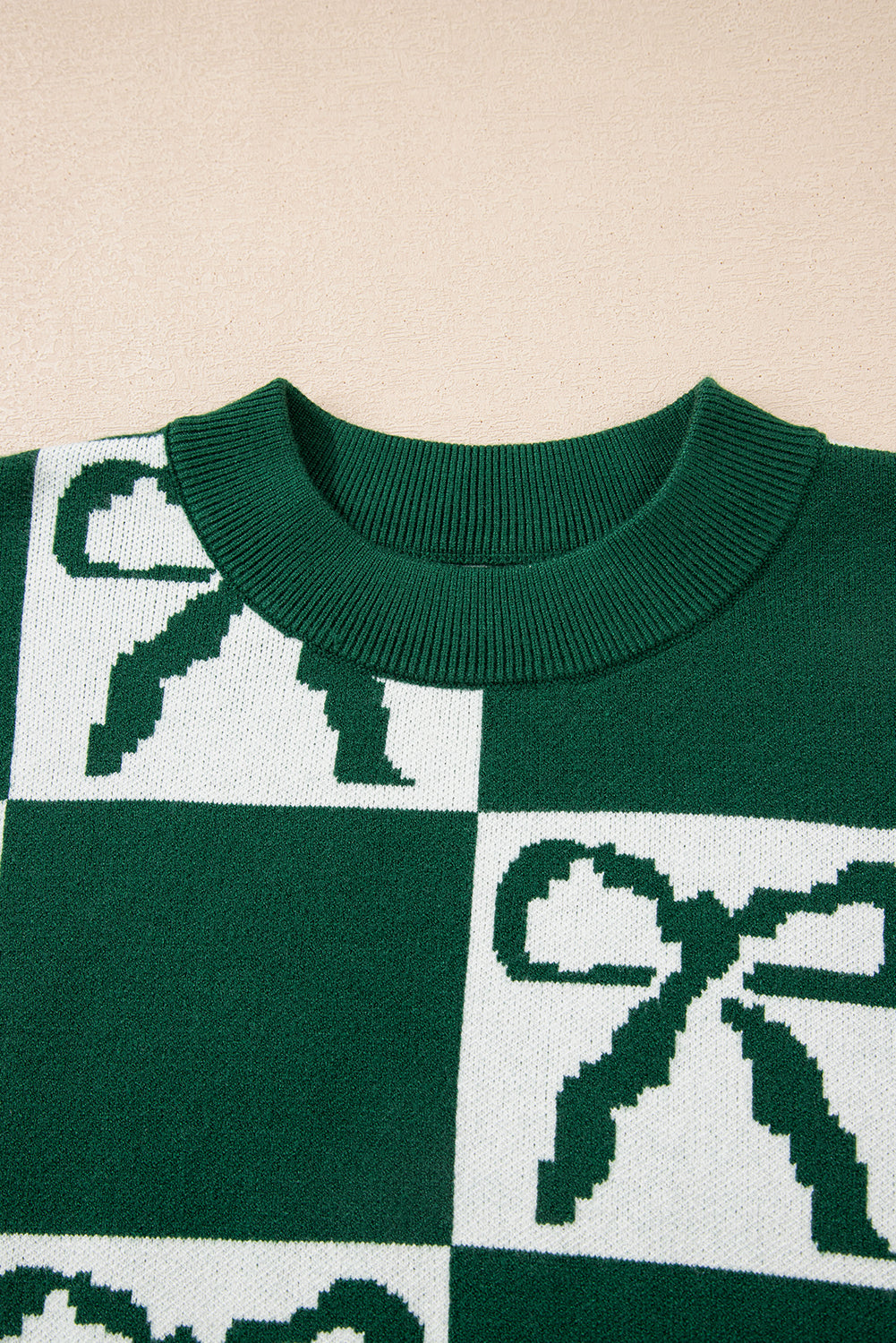 Blackish Green Checkered Bow Print Casual Sweater