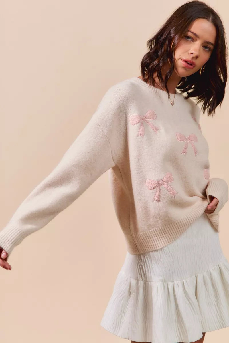 Embroidered Ribbon Round Neck Sweater