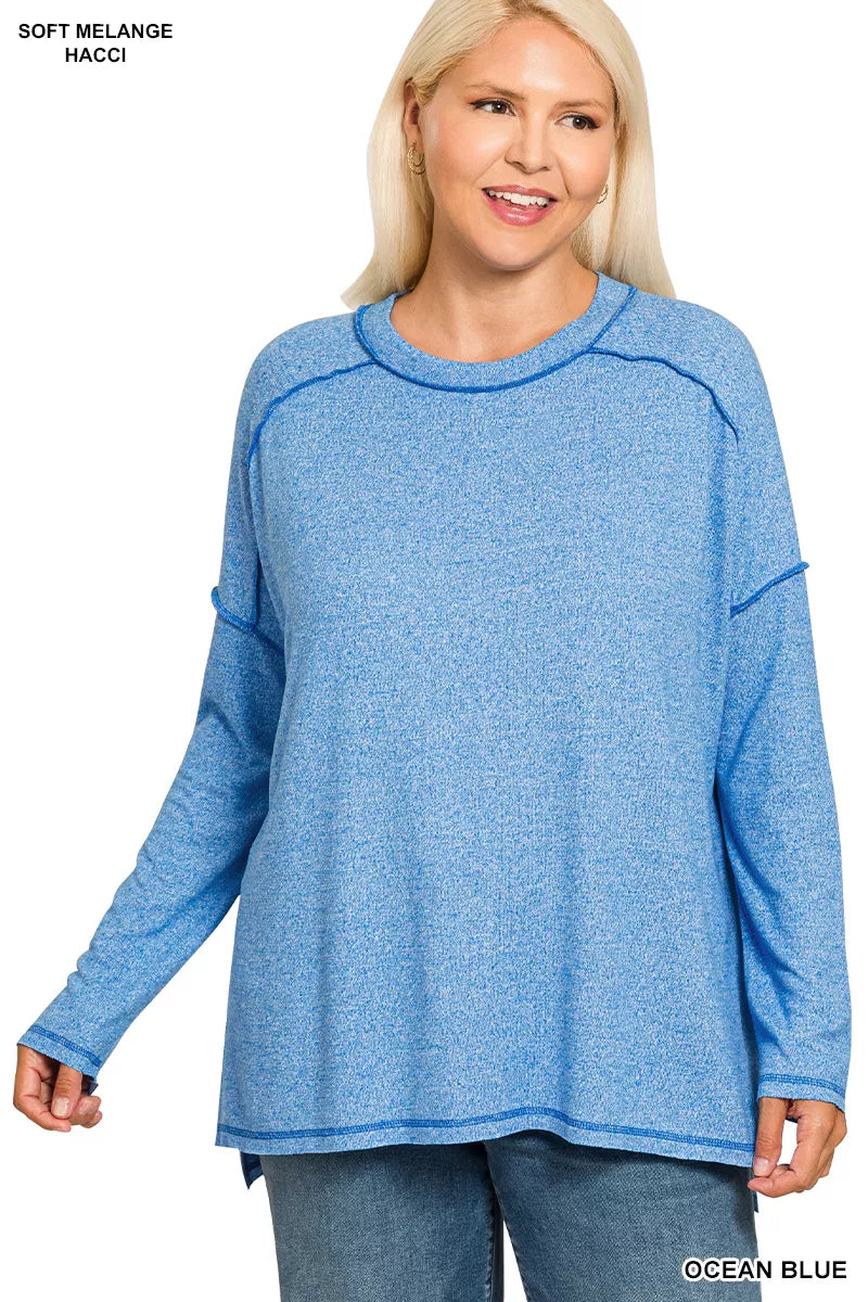 Full Size Melange Hacci Exposed Seam Hi-low Tee Plus Size