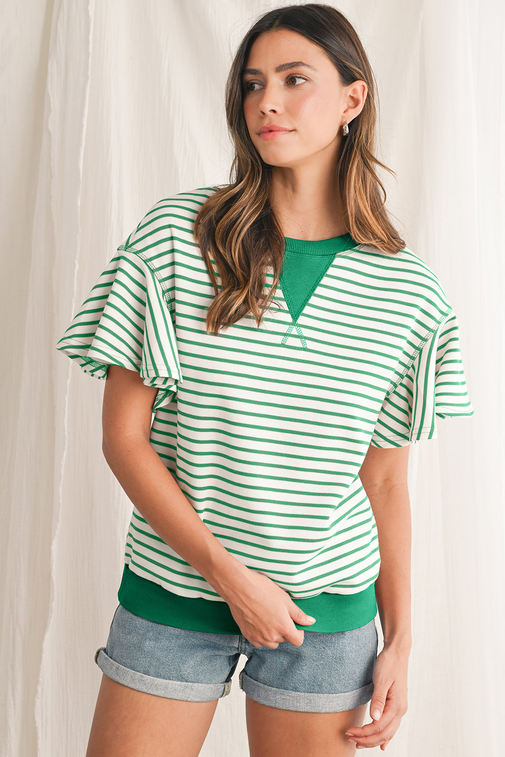 Parchment Striped Ruffle Sleeve Round Neck Top