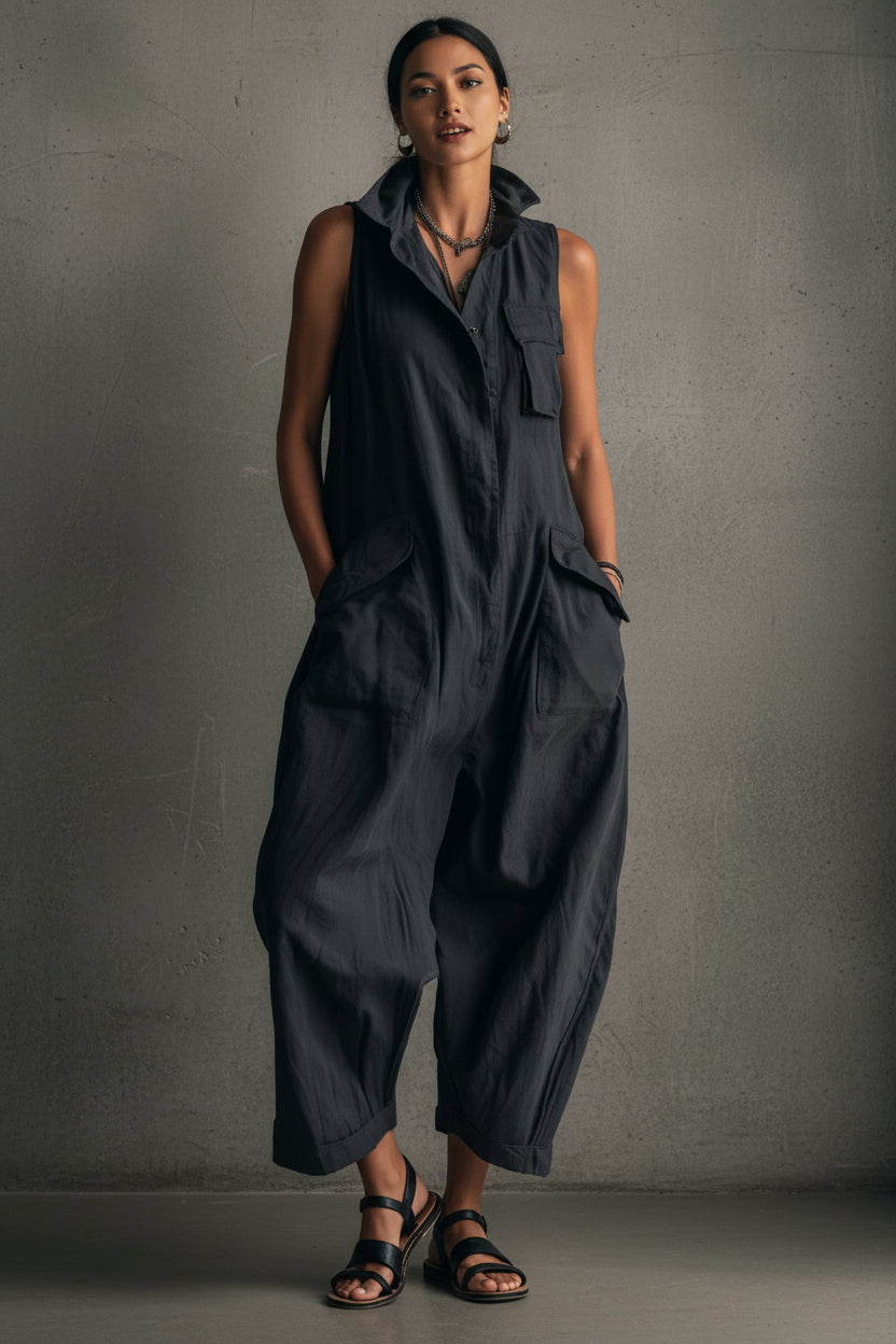 Women's Cotton Sleeveless Cargo Jumpsuit – Wide Leg Multi-Pocket
