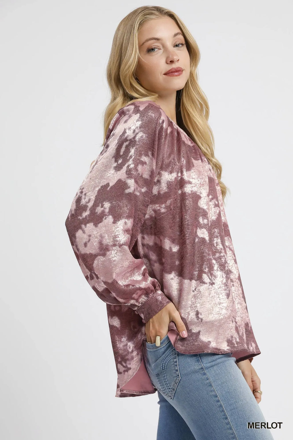 Metallic Fabric Blouse with Balloon Sleeves
