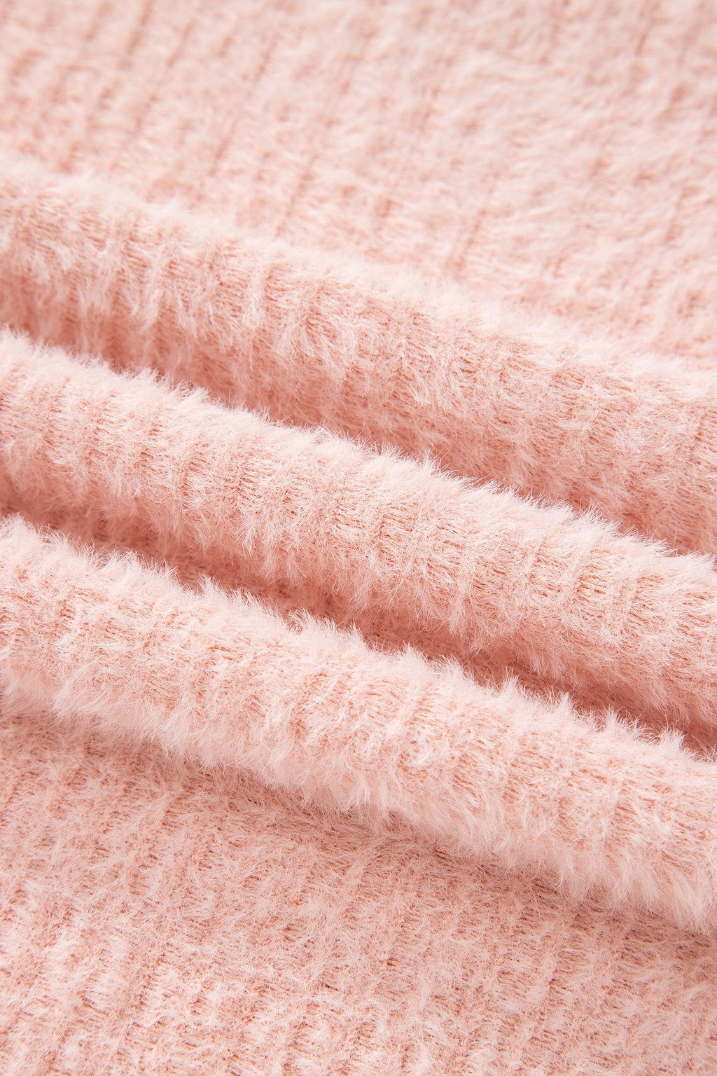 Light Pink Fuzzy Ribbed Texture Round Neck Long Sleeve Top