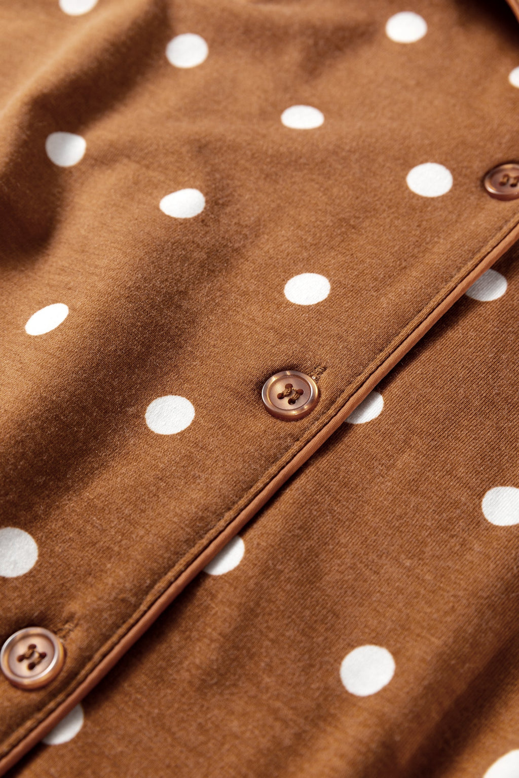 Brown Polka Dot Print Long Sleeve Shirt Pant 2pcs Pajama Set
