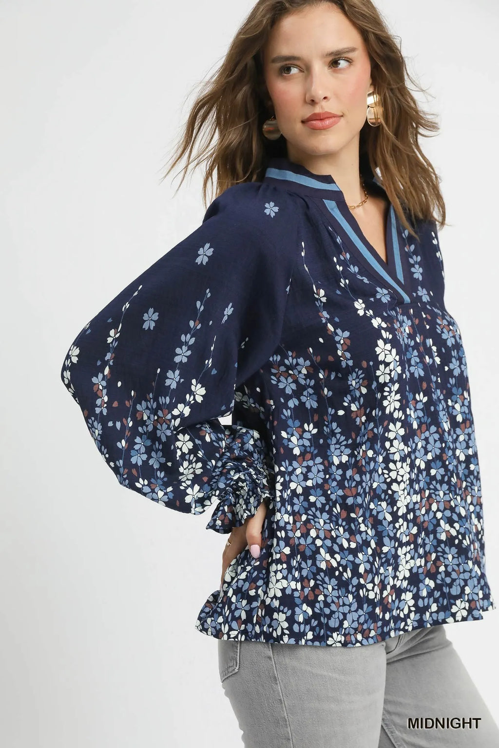 Full Size Floral Vine Print Blouse with Balloon Sleeves Plus Size