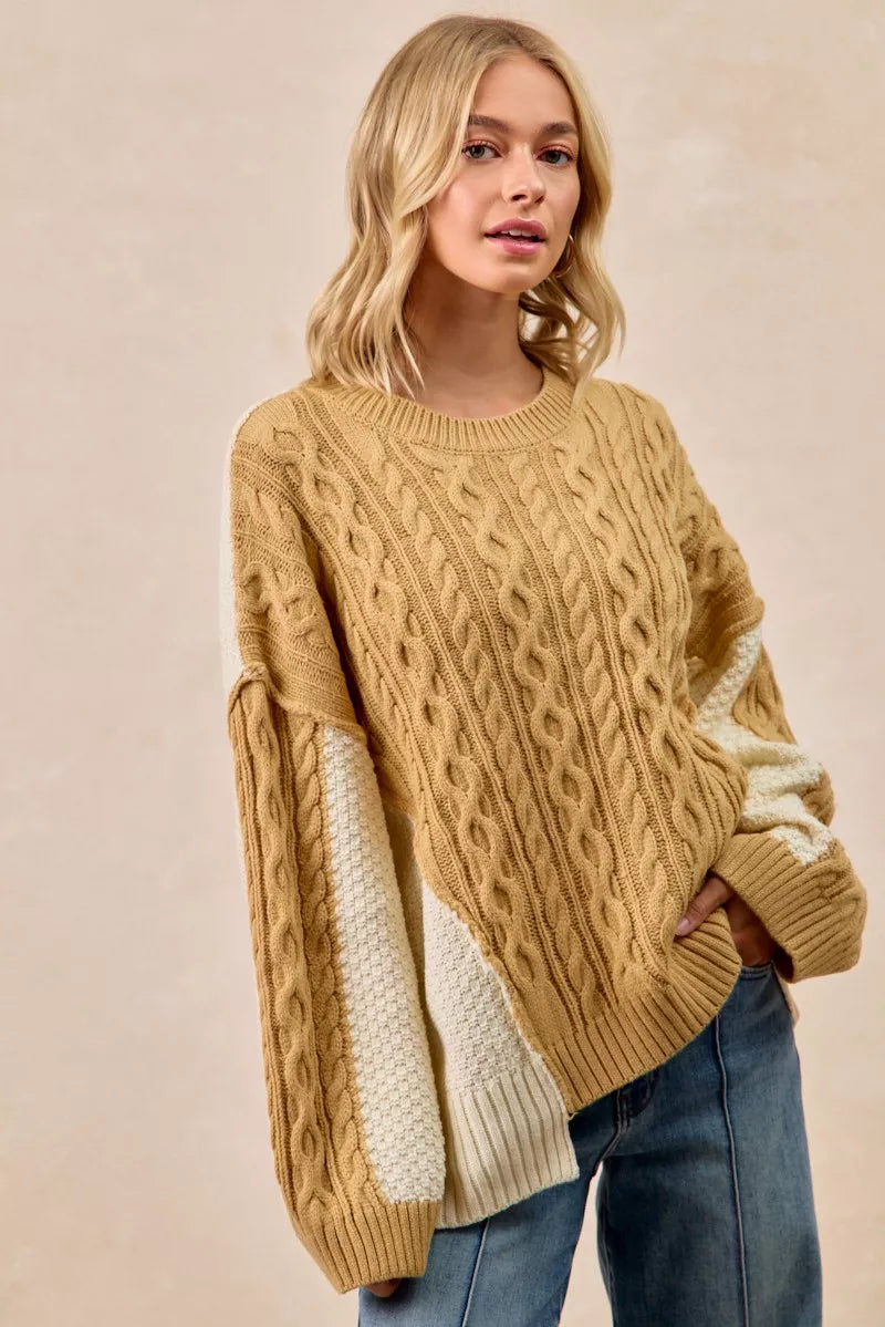 Cable Knit With Hacci Combo Sweater With Uneven Hem Detail