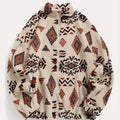 Boho Geometric Print Polar Fleece Coat - Ultra-Soft Plush Loose Fit Jacket with Fur Collar (Apricot/Caramel/Green)