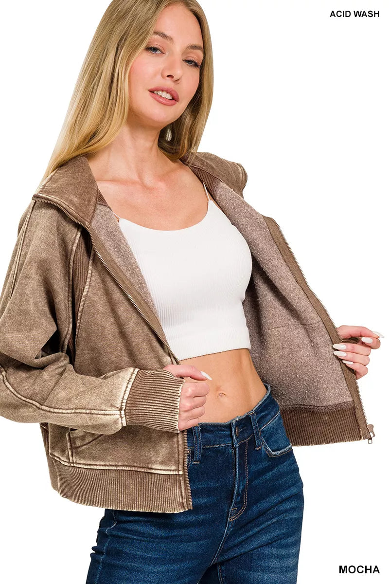 Acid Wash Zip Up Fleece Jacket