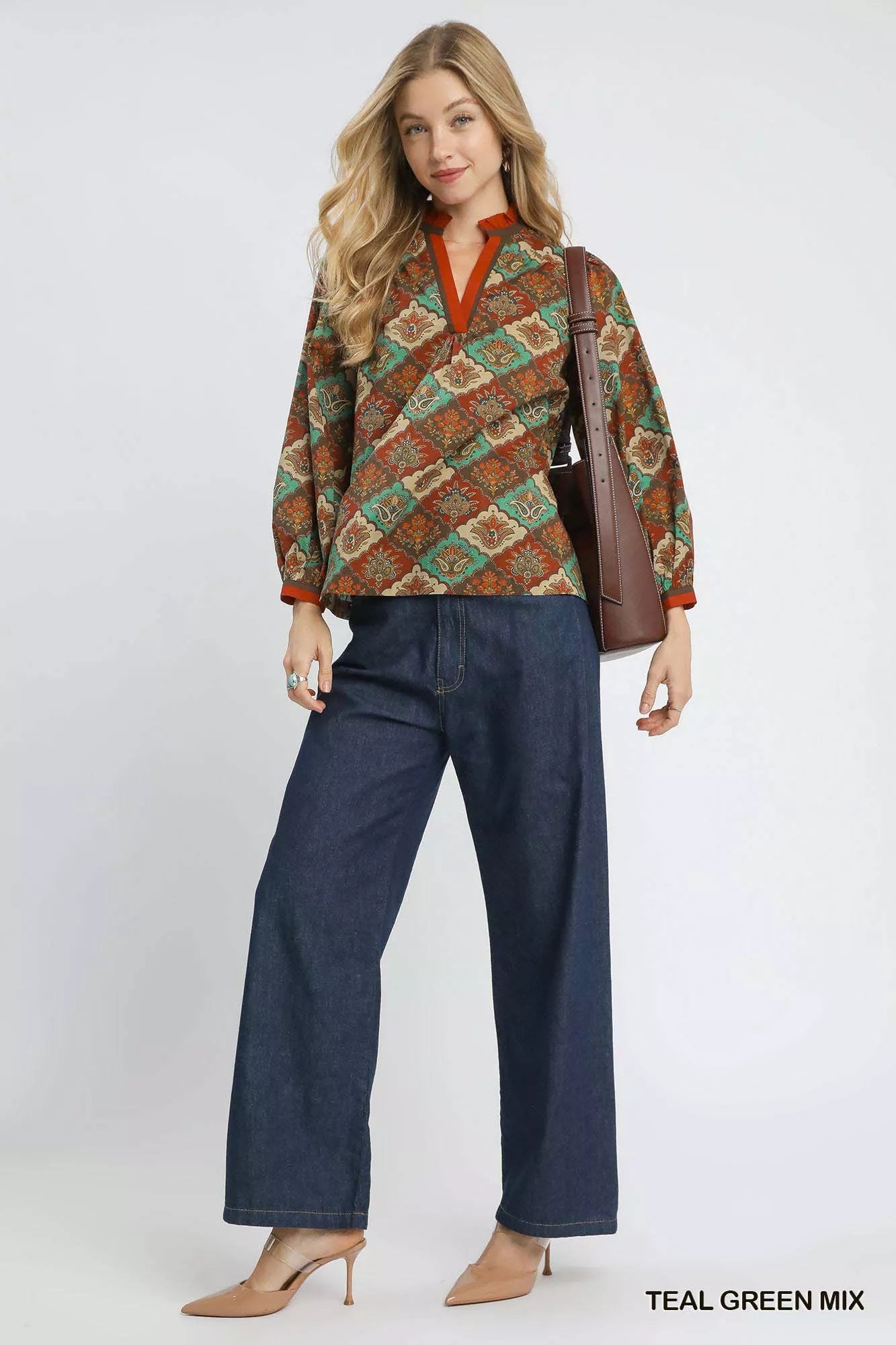 Abstract Print Ruffle Neck Top