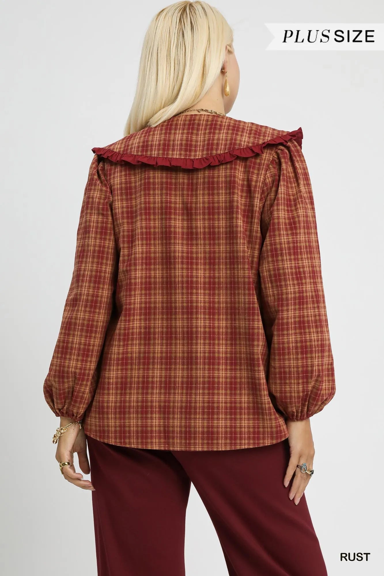 Full Size Plaid Ruffle Collar Blouse Plus Size