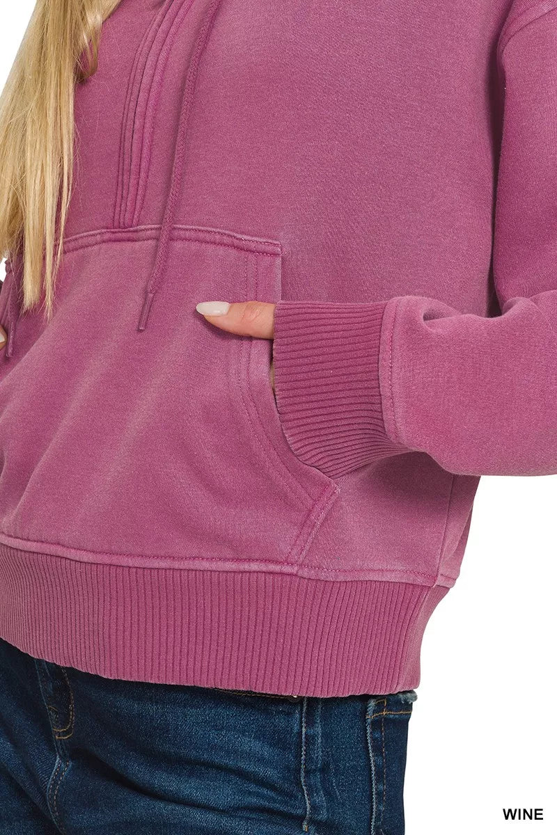 Fleece Pigment Dye Half Zip Kangaroo Pocket Hoodie