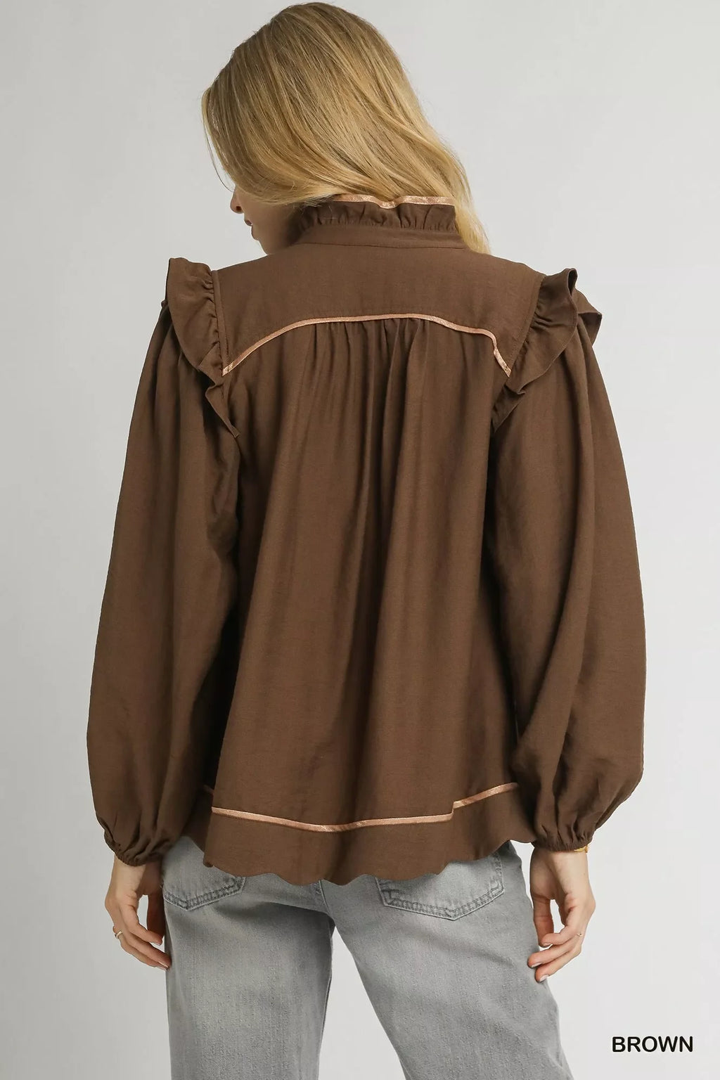 Ruffle Shoulder Long Sleeve Blouse
