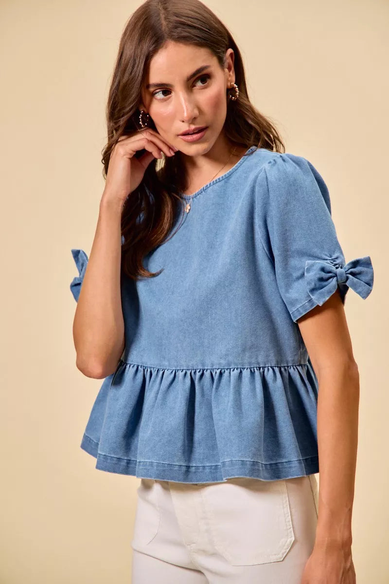 Denim Bow Detail Short Sleeves Peplum Top
