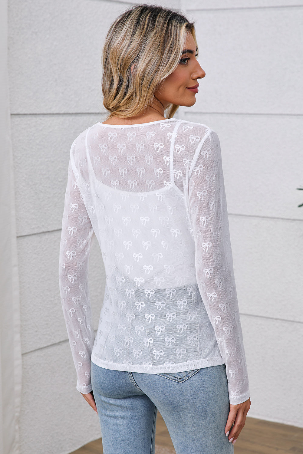 Black Bow Pattern Long Sleeve Slim Fit Mesh Top