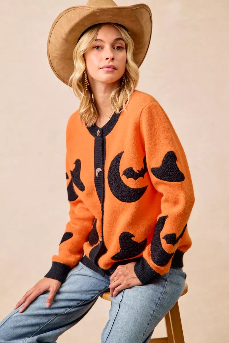 Halloween Witch Hat Moon Bat Artwork Cardigan