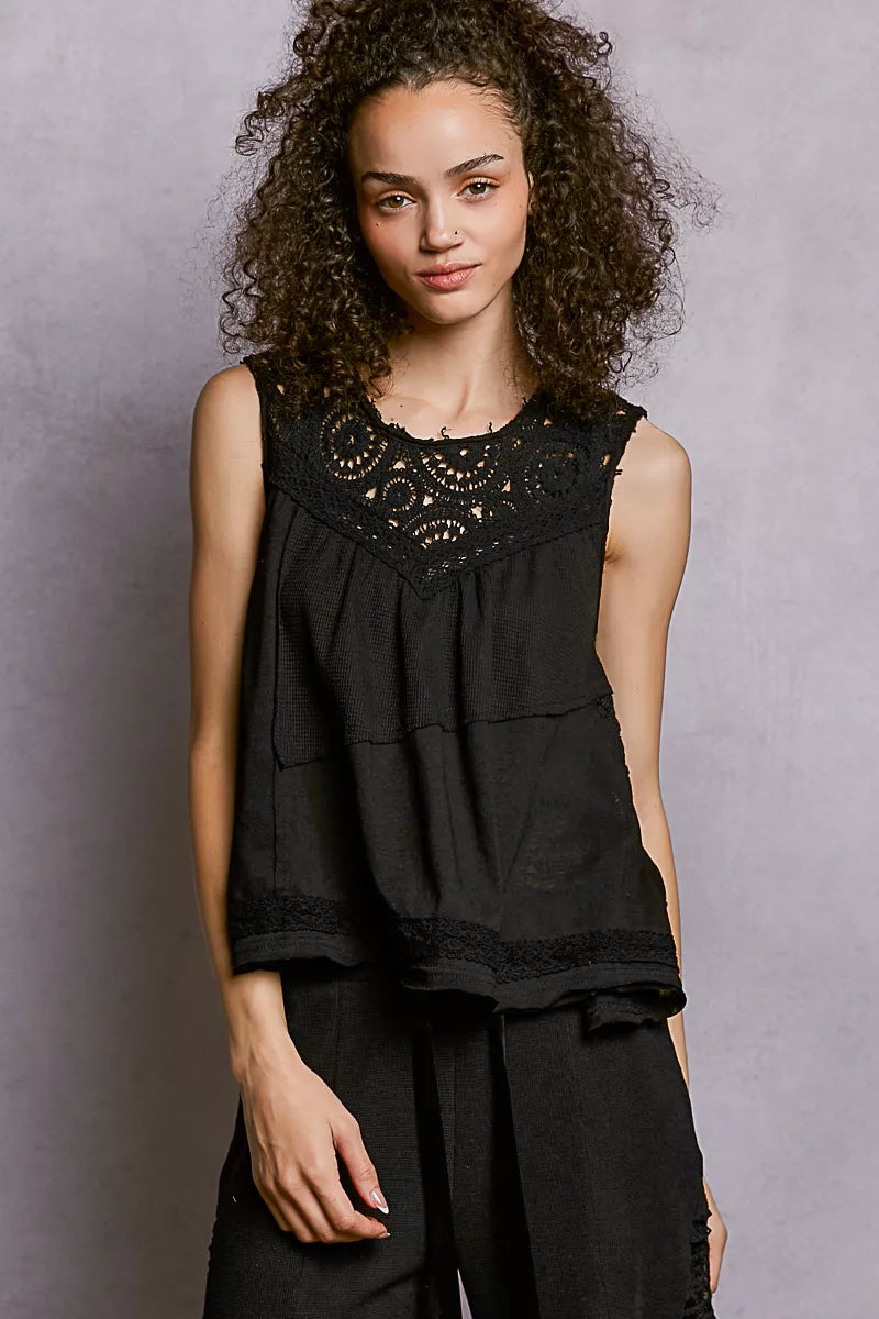 Round Neck Sleeveless Top with Crochet Contrast