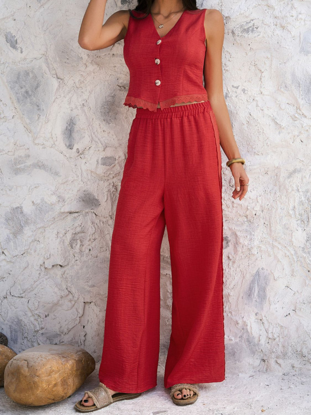 Devine Button Down Lace Detail Vest and Pants Set – Elegant Two-Piece with Stretchy Comfort See size chart under “more details”