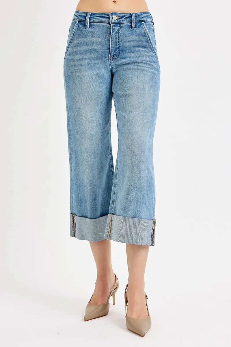 Full Size Tummy Control High Rise Ankle Wide Cuffed Jeans Plus Size