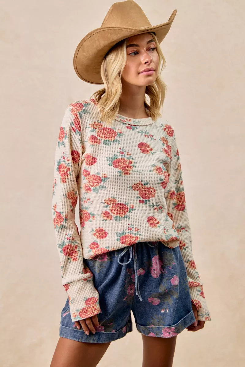 Floral Print Washed Waffle Thermal Top With Thumb