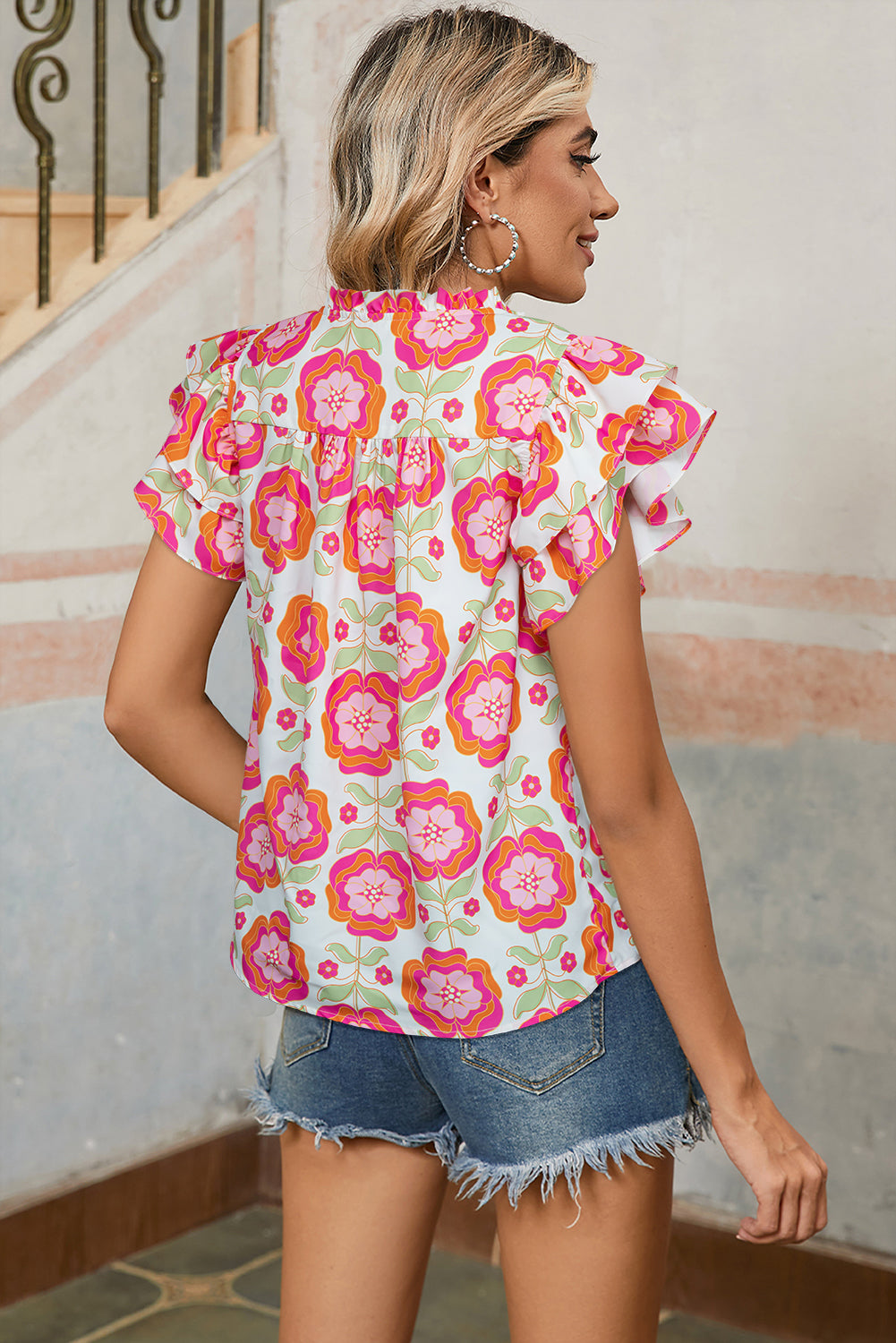 Rose Floral Ruffled Sleeve Ric-rac Trim Split Neck Loose Blouse