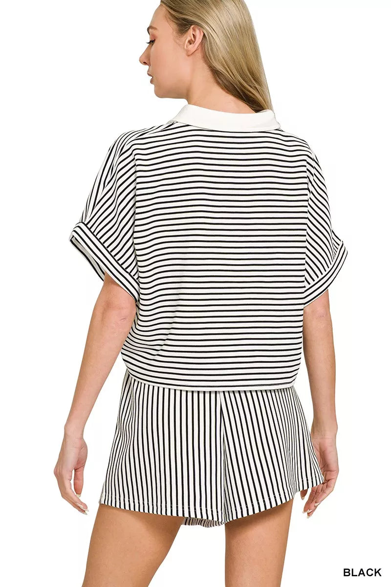 Striped Collared Top & Shorts Set