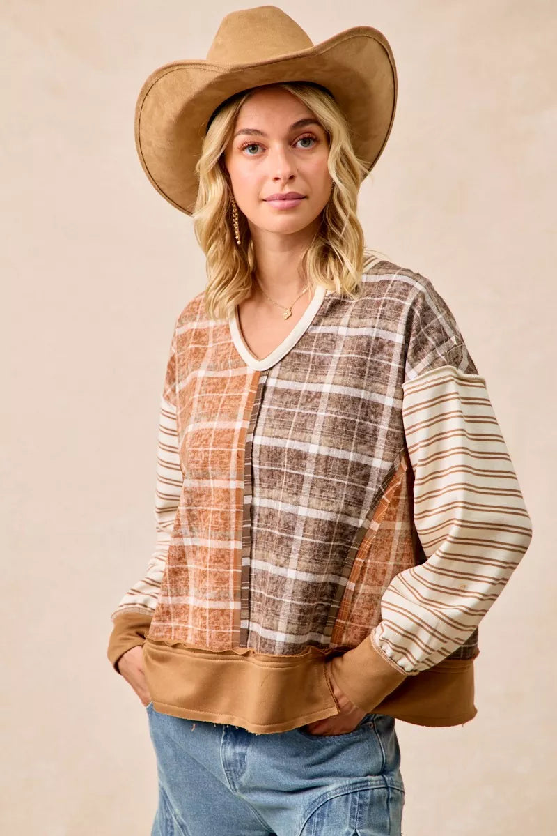 Plaid And Stripe Mix And Match Top With Open Seam