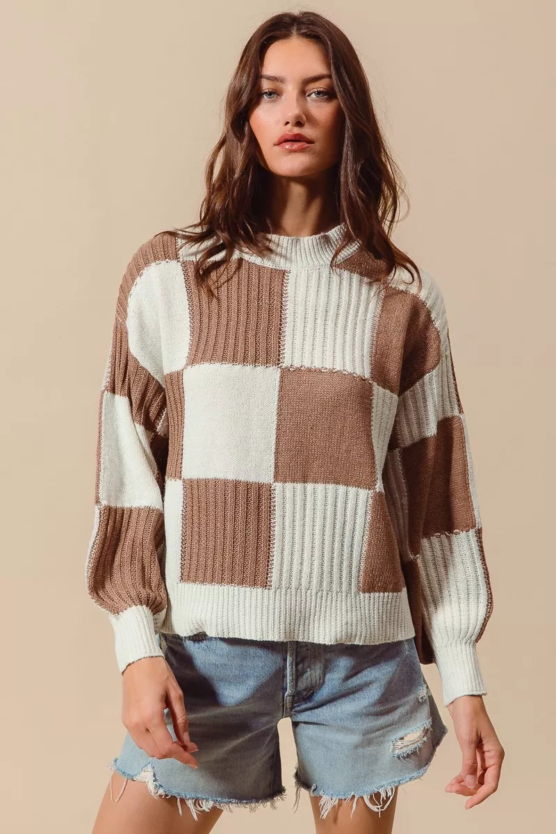 Ribbed Color Block Checkered Plaid Sweater