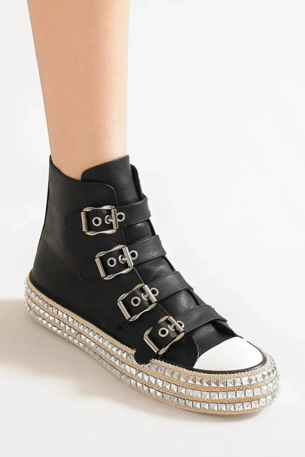 Fashion Multi-Buckle Straps Studded Platform Sneakers