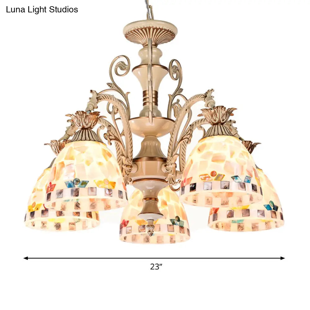 DecorBites™ 3/5 Lights Chandelier Pendant Light - White and Gold Tiffany Style Stained Glass Mosaic Hanging Lamp Kit