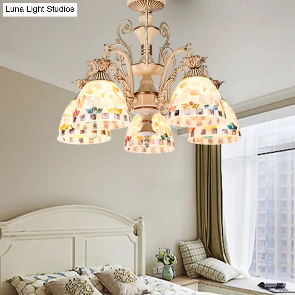 DecorBites™ 3/5 Lights Chandelier Pendant Light - White and Gold Tiffany Style Stained Glass Mosaic Hanging Lamp Kit