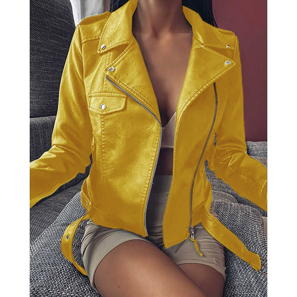 Plus Size Women's PU Leather Motorcycle Jacket - Slim Fit Winter Coat with Zibeline Fabric (Red/Blue/Yellow/Black, S-5XL)
