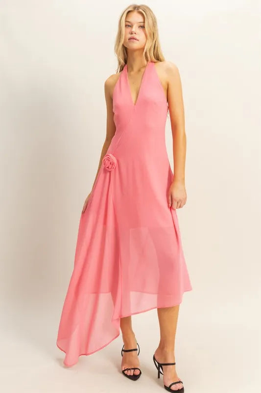 Chiffon Halter Asymmetrical Hem Dress