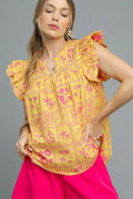 Printed Ruffle Cap Sleeve Blouse