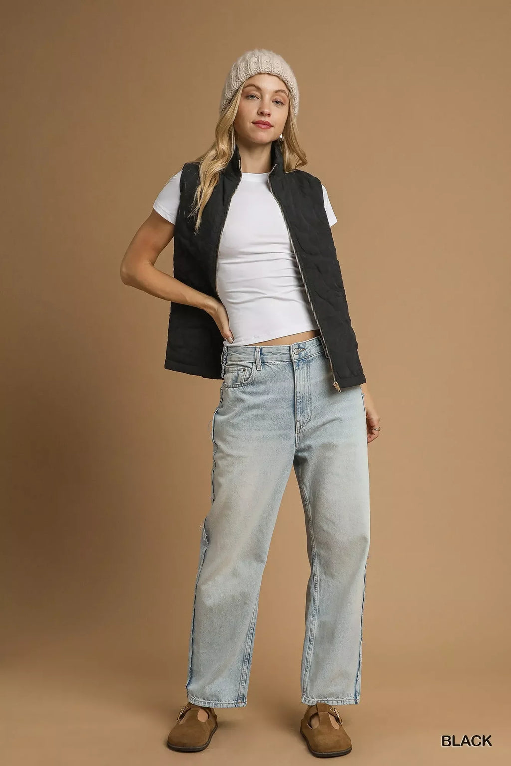 Quilted Floral Zip Up Vest with Pockets