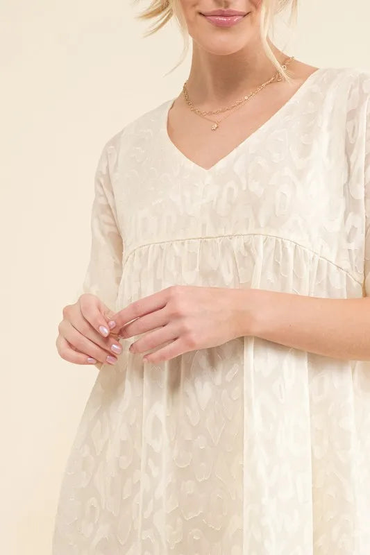 Woven Leopard Baby Doll Roll-Sleeve Casual Dress