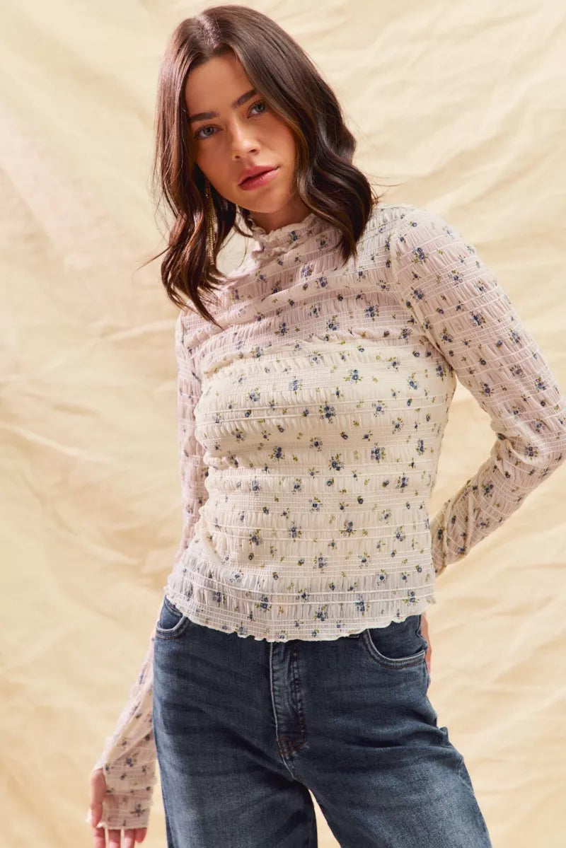 Floral Print Textured Long Sleeve Knit Top