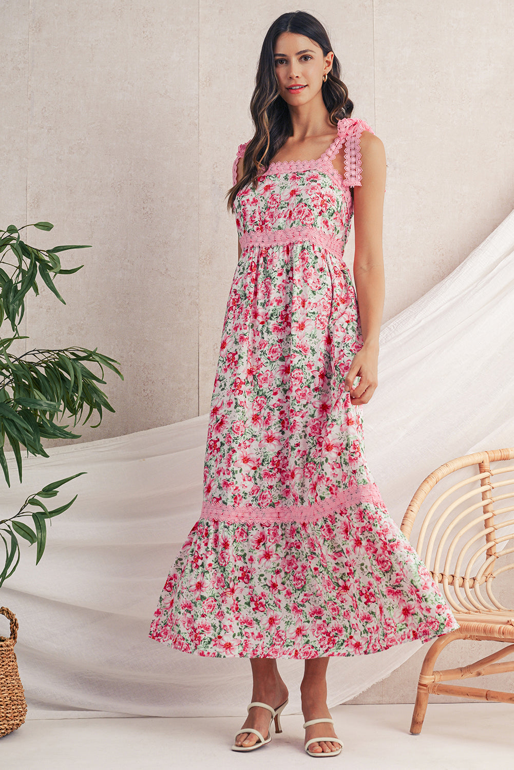 Green Floral Lace Tied Strap Empire Waist Maxi Dress