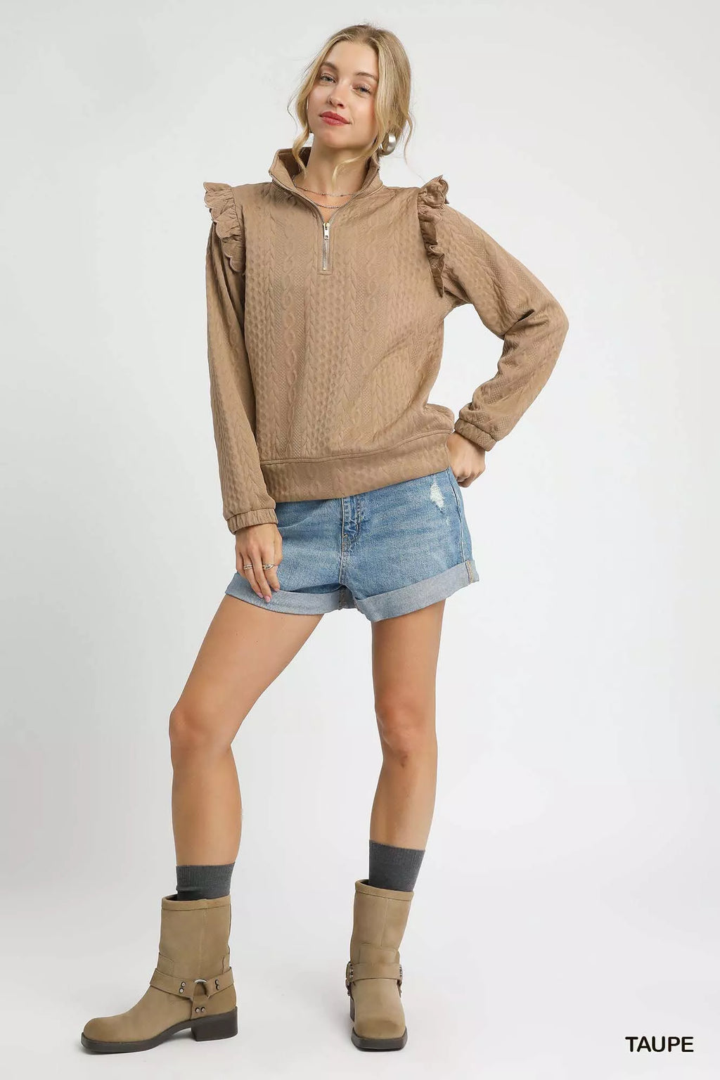 Cable Knit Textured Pullover with Ruffle Shoulders