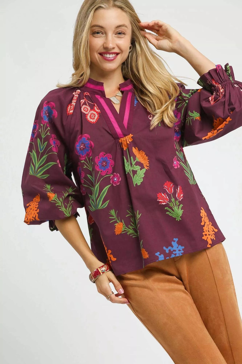 Floral Print Flounce Sleeve Blouse