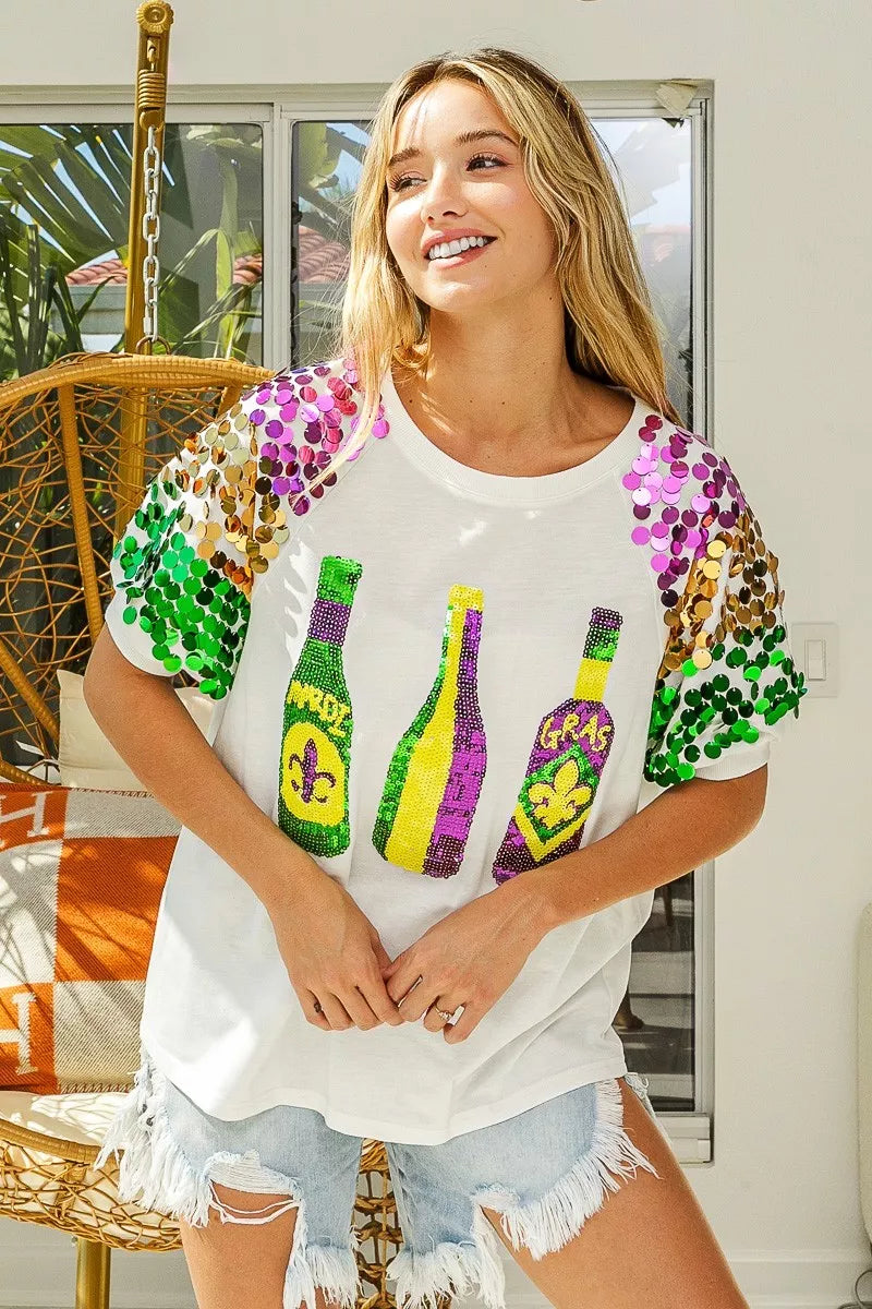 Sequin Mardi Gras Bottles Spangled Sleeve Top