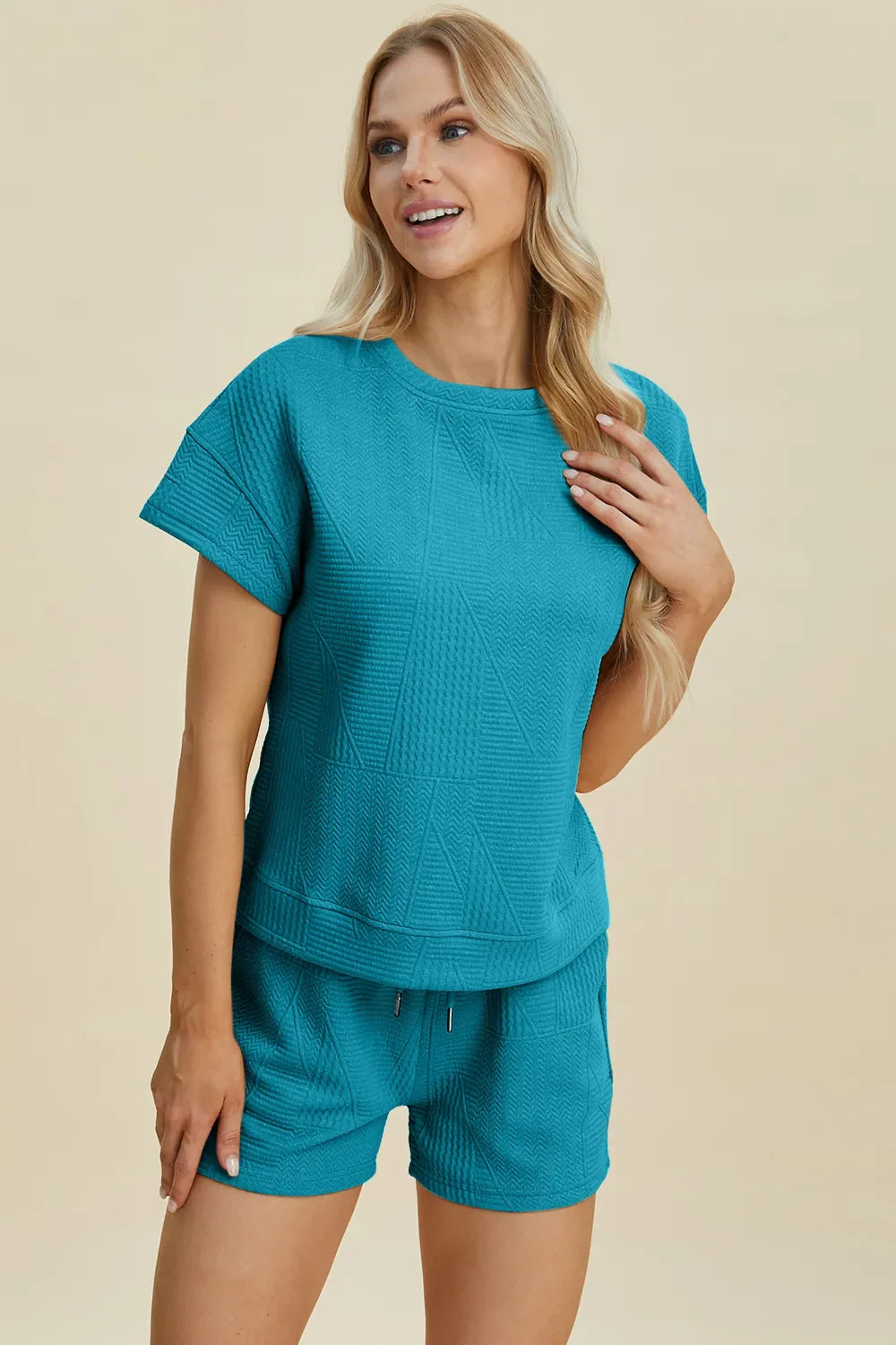 I am a Fashion Junky Full Size Texture Short Sleeve Top and Shorts Set